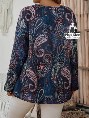 Blusa Estampada Boho Com Manga Longa e Decote Redondo Plus Size