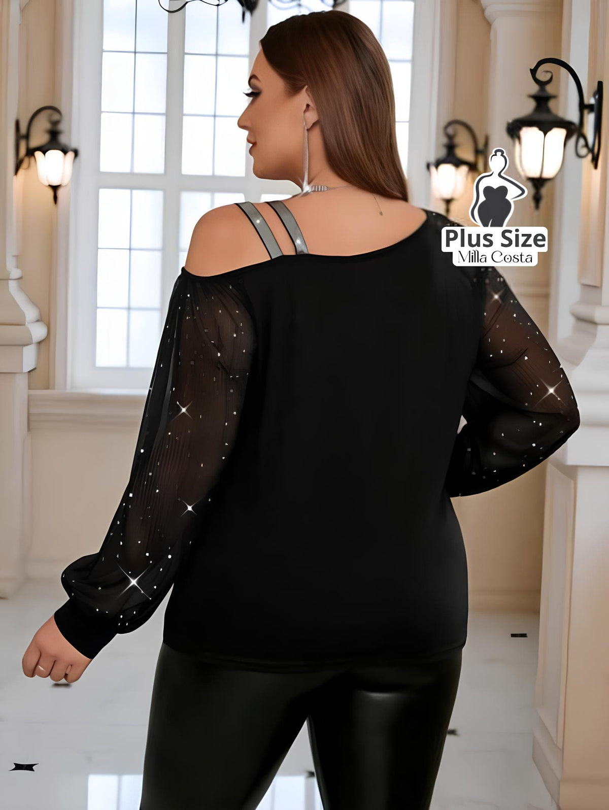 Blusa de Ombro Aberto Com Manga de Brilho Plus Size