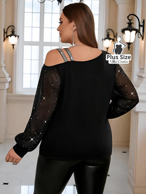 Blusa de Ombro Aberto Com Manga de Brilho Plus Size