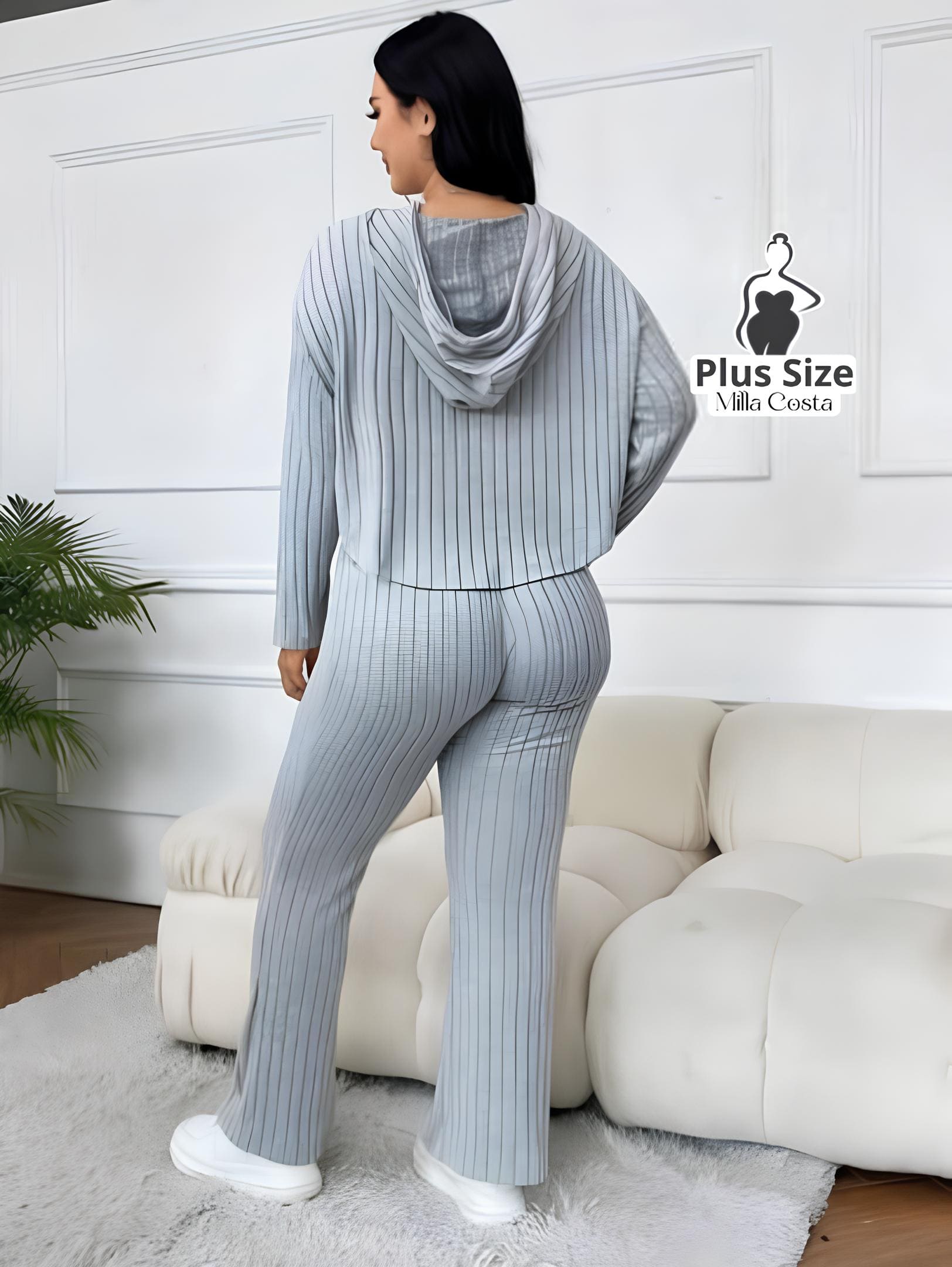 Conjunto de Loungewear Canelado Com Blusa de Capuz e Calça Plus Size