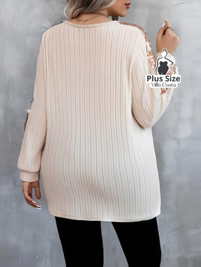 Blusa de Tricô com Paetês nas Mangas e Decote V Elegante Plus Size