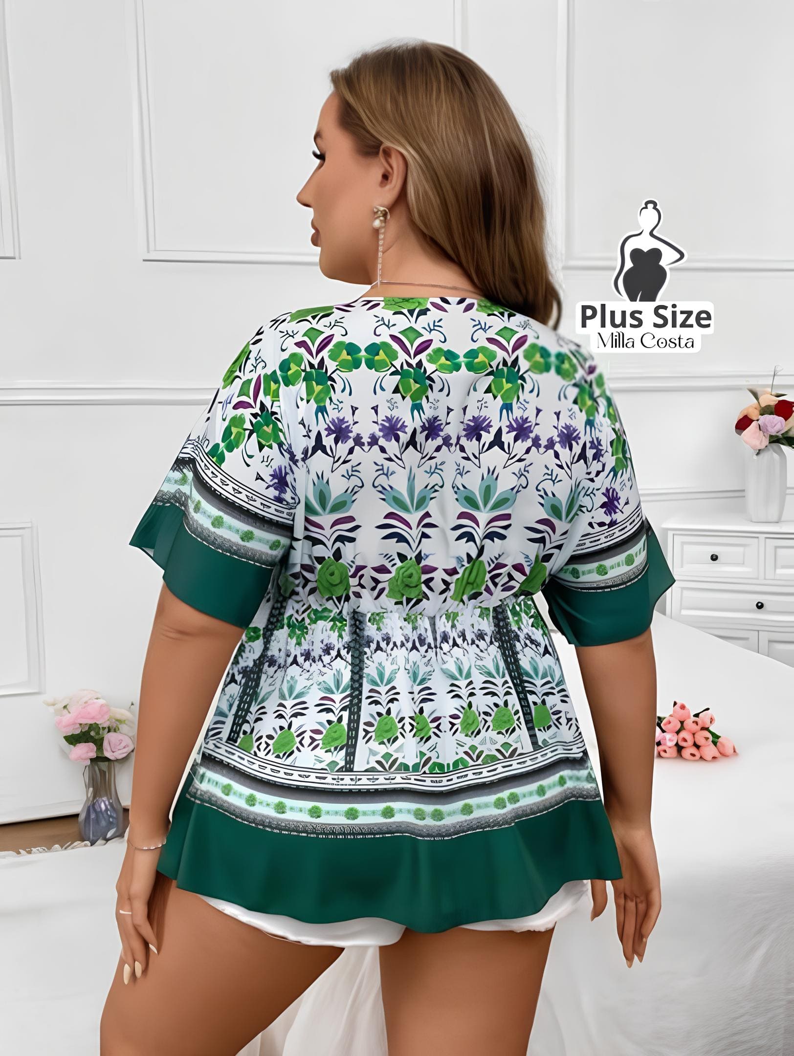 Blusa Estampada Floral Com Ajuste na Cintura Plus Size