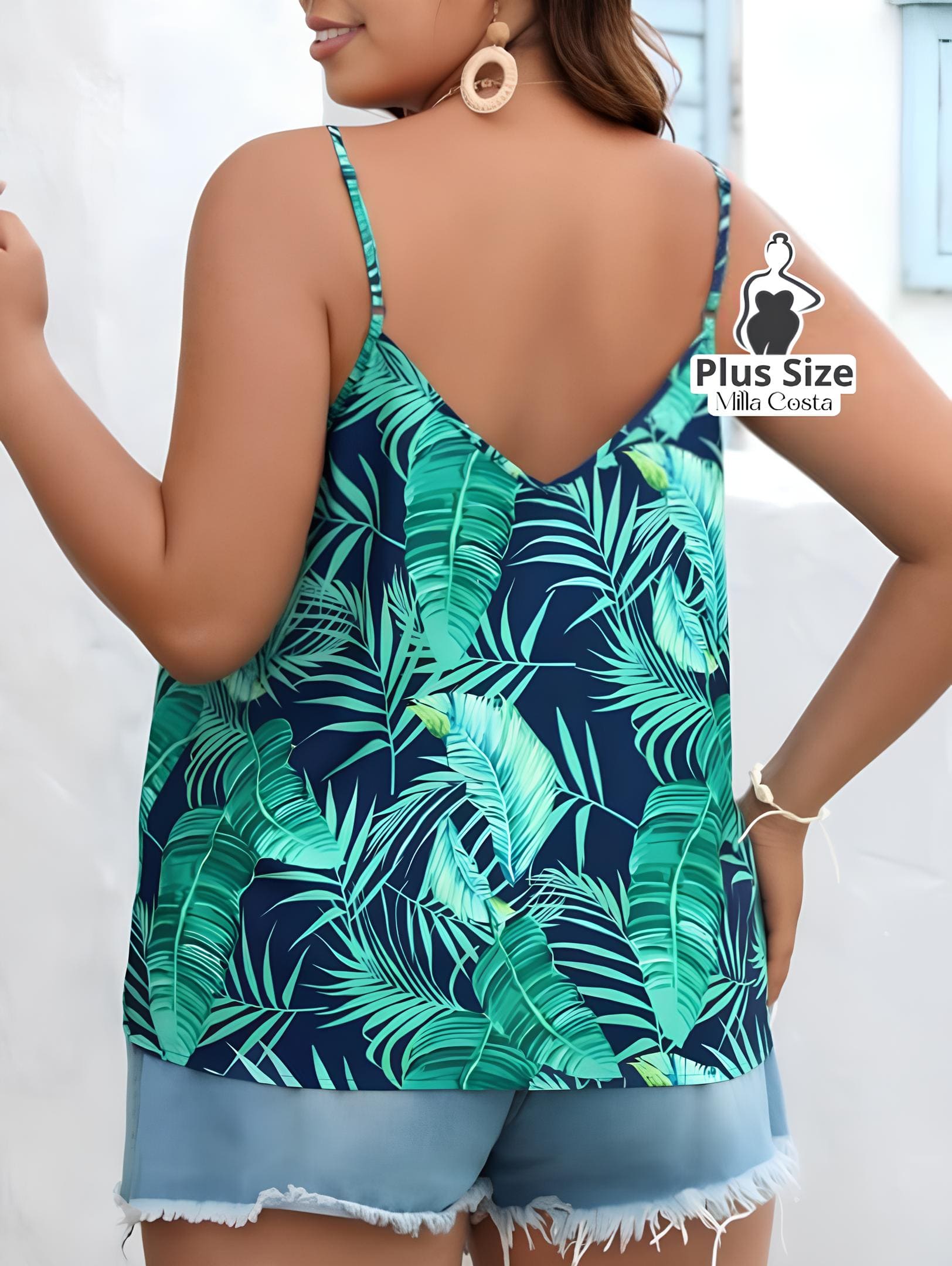 Blusa de Alças Com Estampa Tropical Plus Size