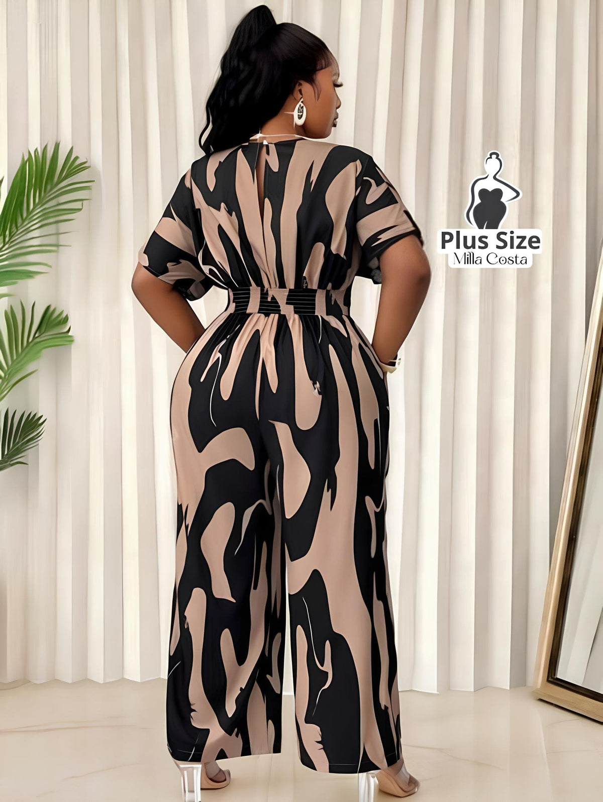 Macacão Estampado Elegante Com Cintura Marcada Plus Size