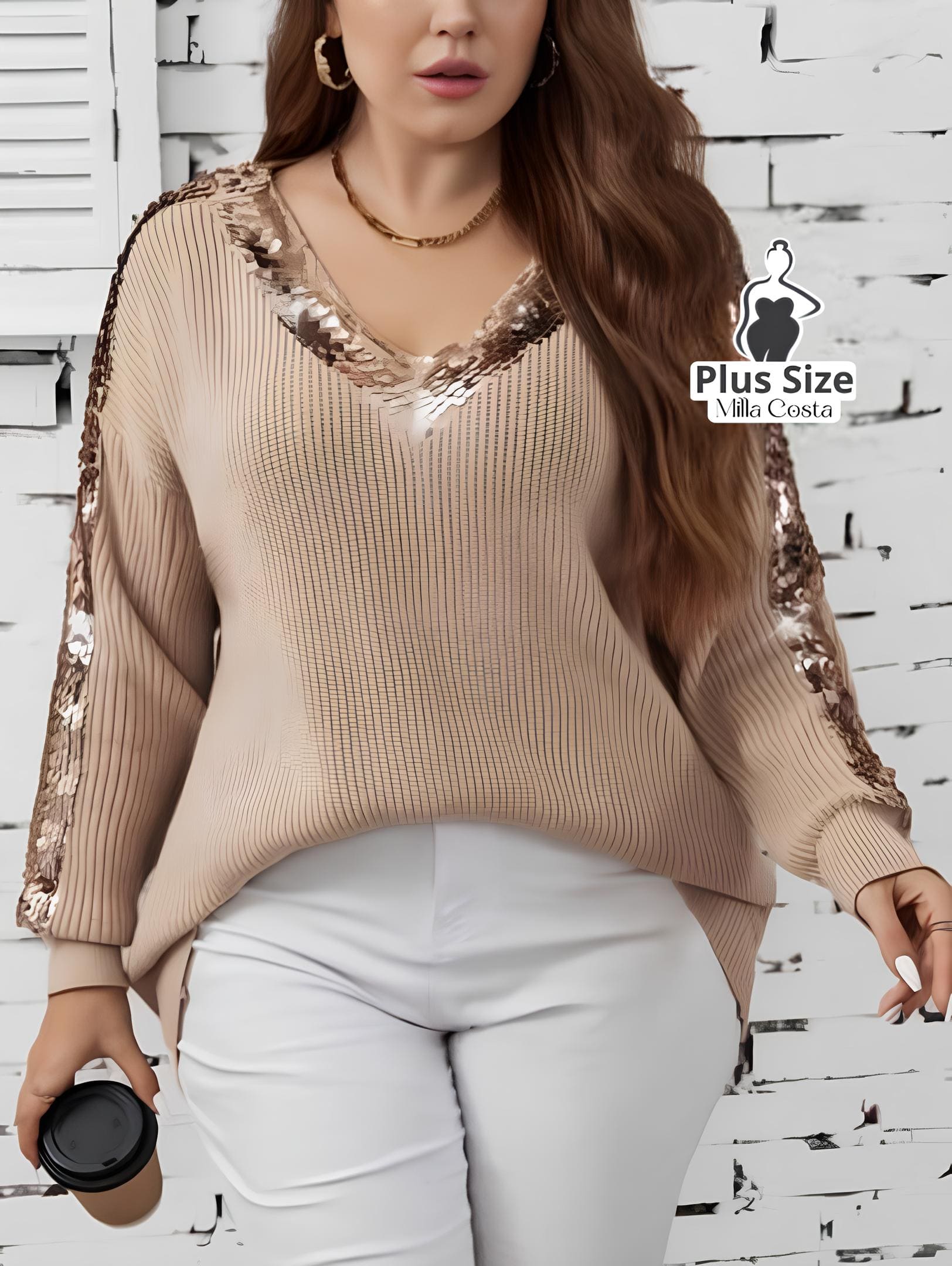 Blusa De Tricô Com Paetês Nas Mangas Plus Size