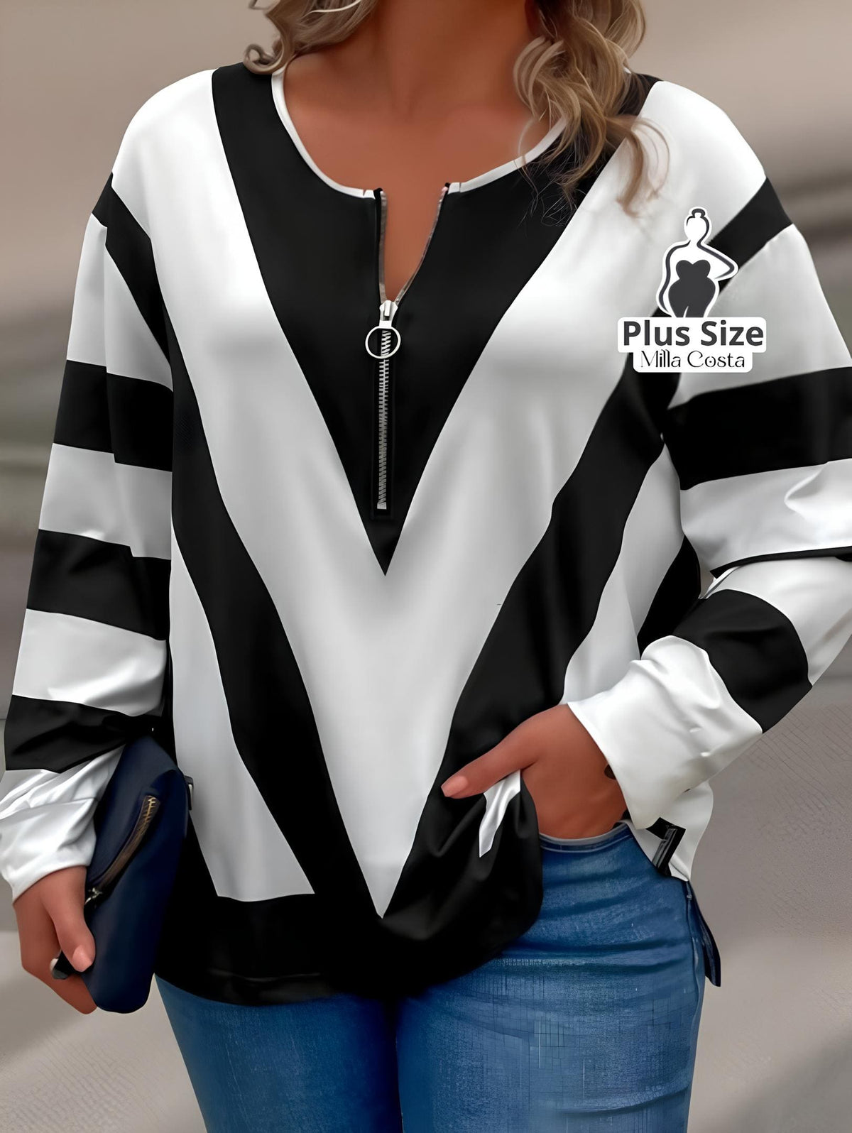 Camisa Casual Com Ziper Preto e Branca Plus Size