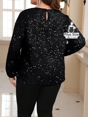 Blusa de Paetês Com Mangas Longas Elegante Plus Size