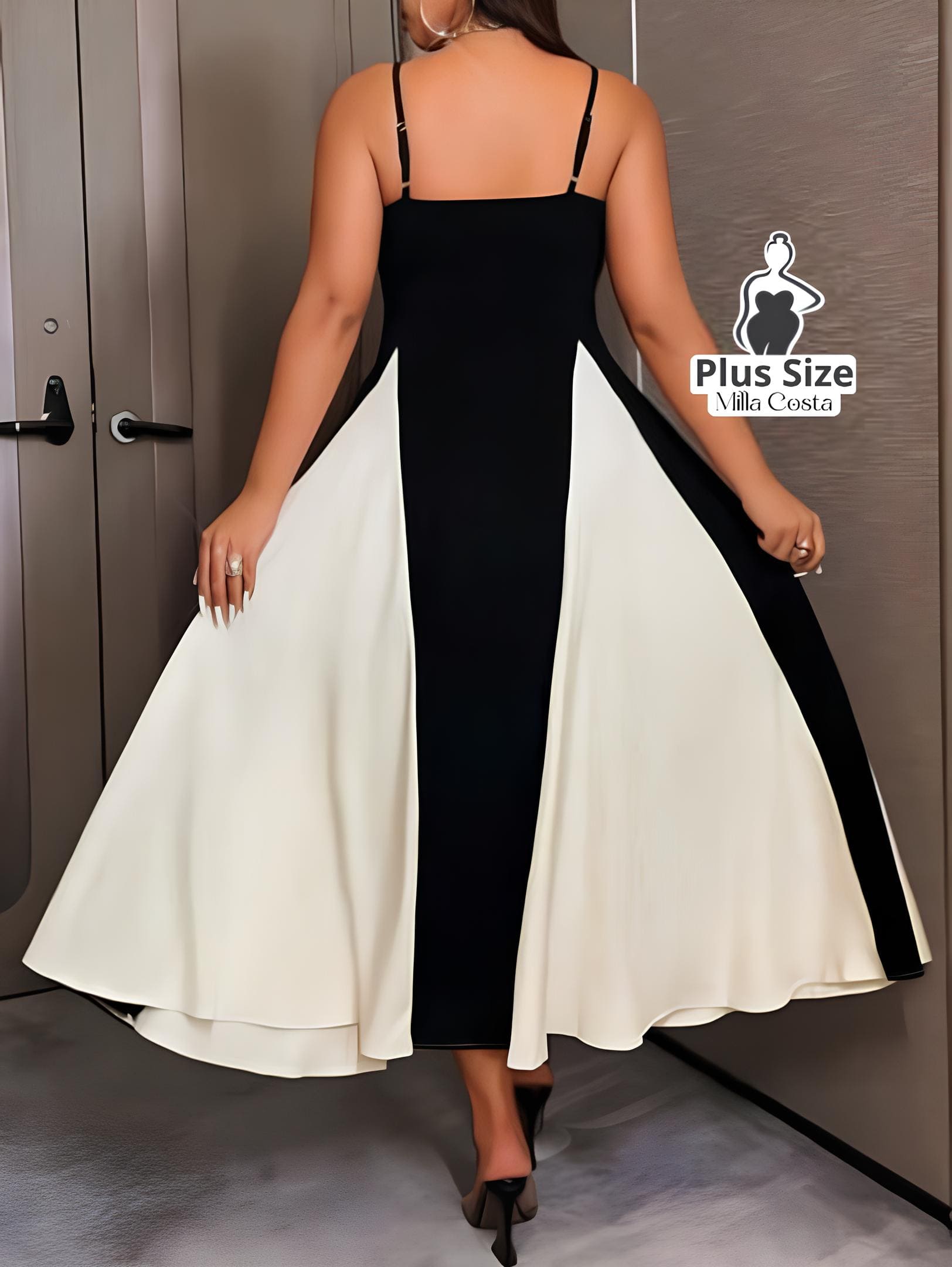 Vestido Midi Bicolor com Alças Finas e Saia Ampla Plus Size