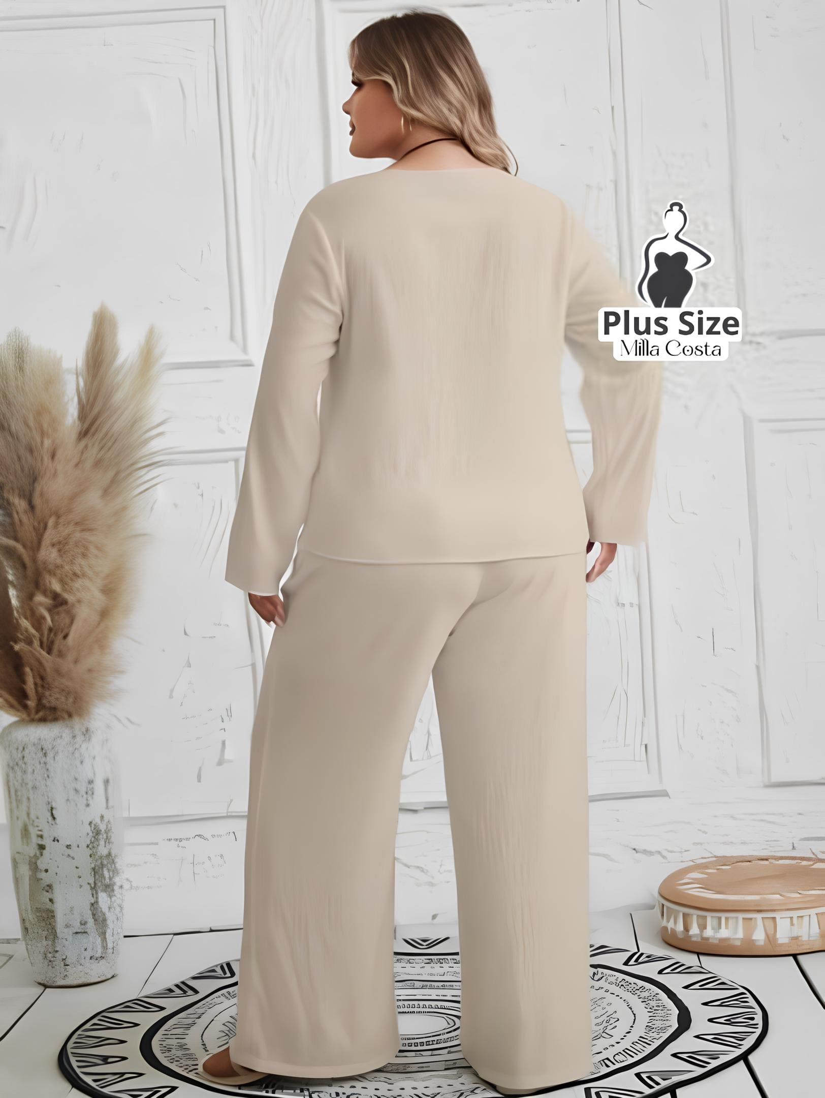 Conjunto Feminino de Blusa e Calça Com Detalhes de Botões Plus Size