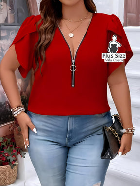 Blusa Com Decote Em Zíper e Mangas Amplas Plus Size