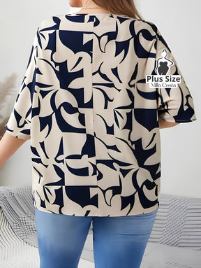 Blusa Estampada Com Mangas Amplas e Decote Em V Plus Size