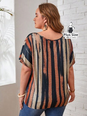 Blusa Elegante De Linhas Verticais Com Decote V Plus Size