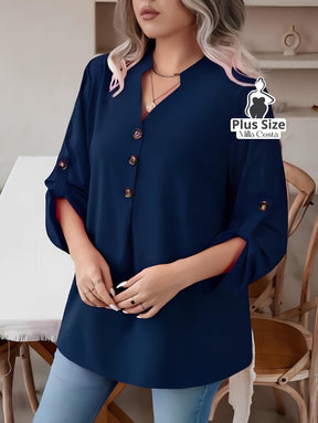 Blusa Feminina Com Botões e Manga 3/4 Casual Elegante Plus Size