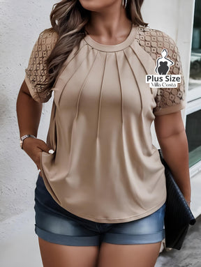 Blusa Com Mangas de Renda e Pregas Elegantes Plus Size