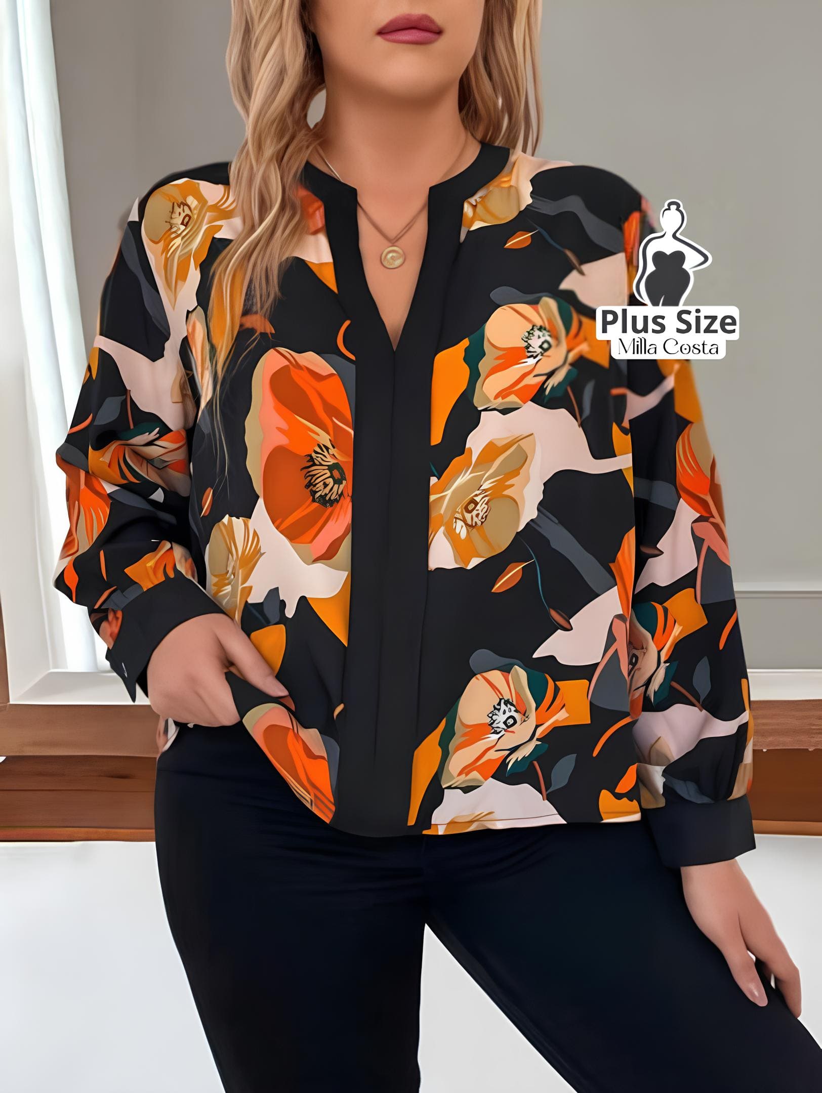 Blusa Estampada Floral de Manga Longa Bufante Plus Size