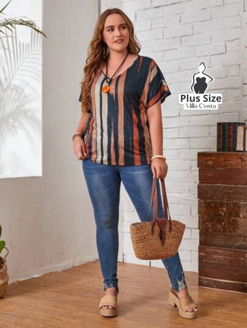 Blusa Elegante De Linhas Verticais Com Decote V Plus Size