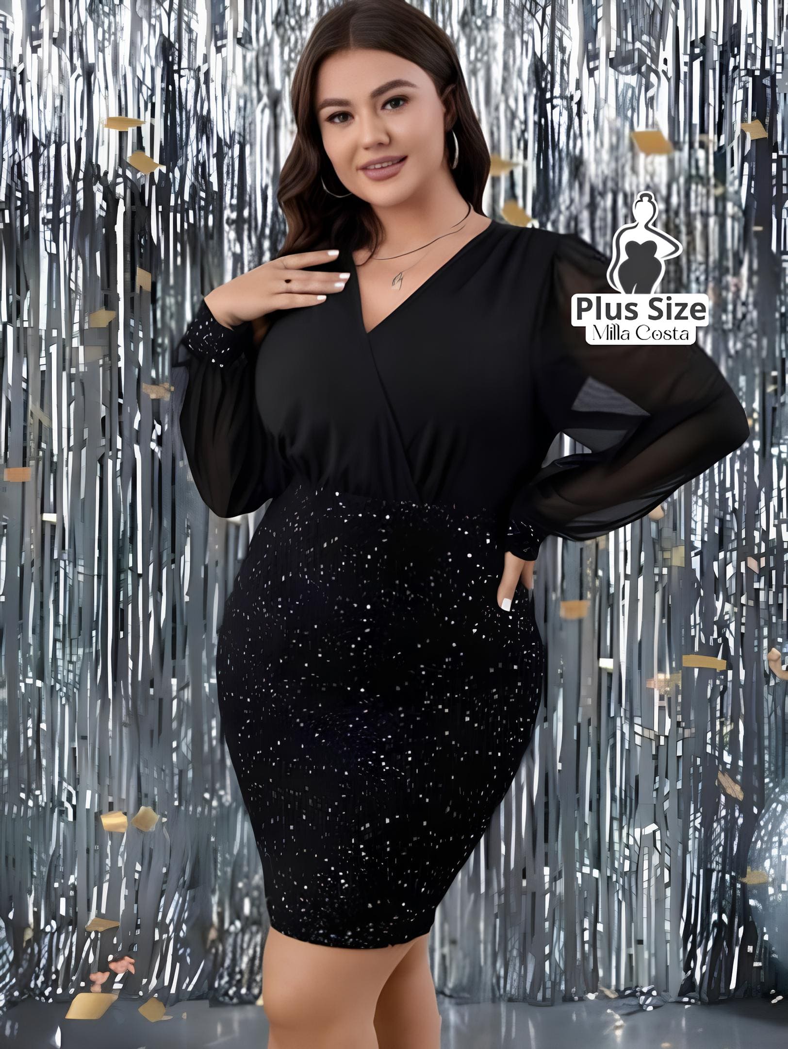 Vestido Curto de Festa com Paetês e Mangas Longas Transparentes Plus Size