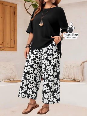 Conjunto Feminino com Blusa Solta e Calça Estampada Floral Plus Size