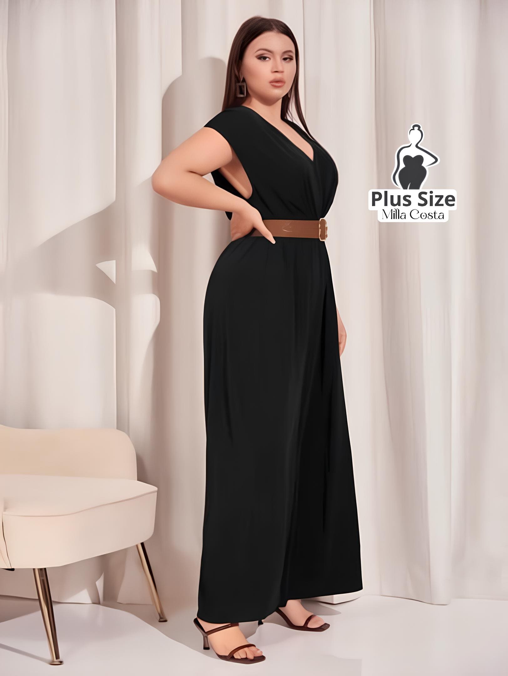 Macacão De Corte Elegante Com Decote V Plus Size