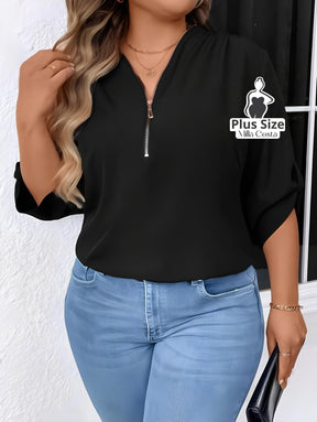 Blusa Com Zíper Frontal e Manga 3/4 Plus Size