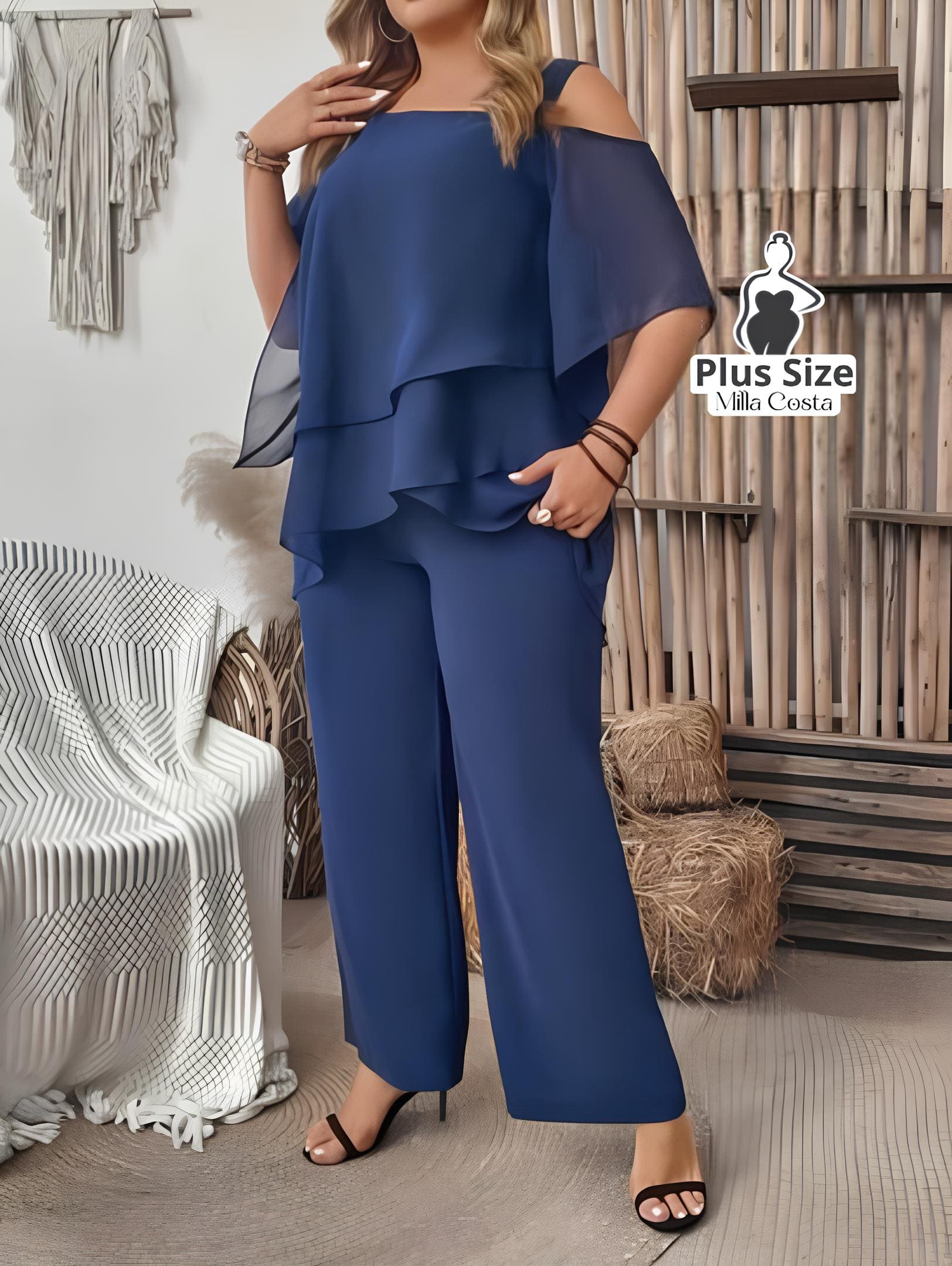 Conjunto Elegante De Camadas E Pantalona Plus Size