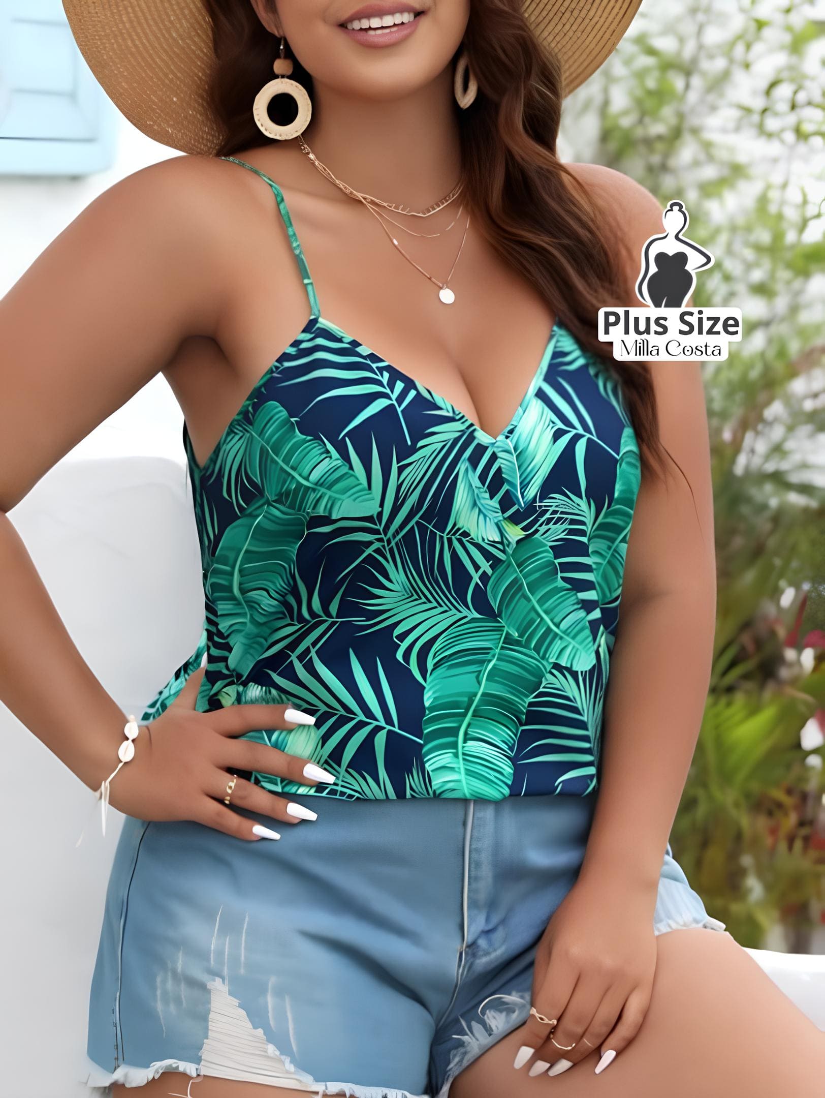 Blusa de Alças Com Estampa Tropical Plus Size