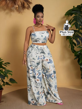 Conjunto Cropped e Calça Pantalona Estampado Plus Size