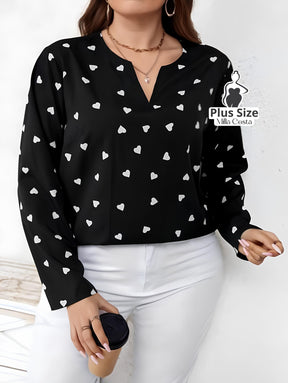 Blusa Estampada de Corações Com Decote em V Plus Size