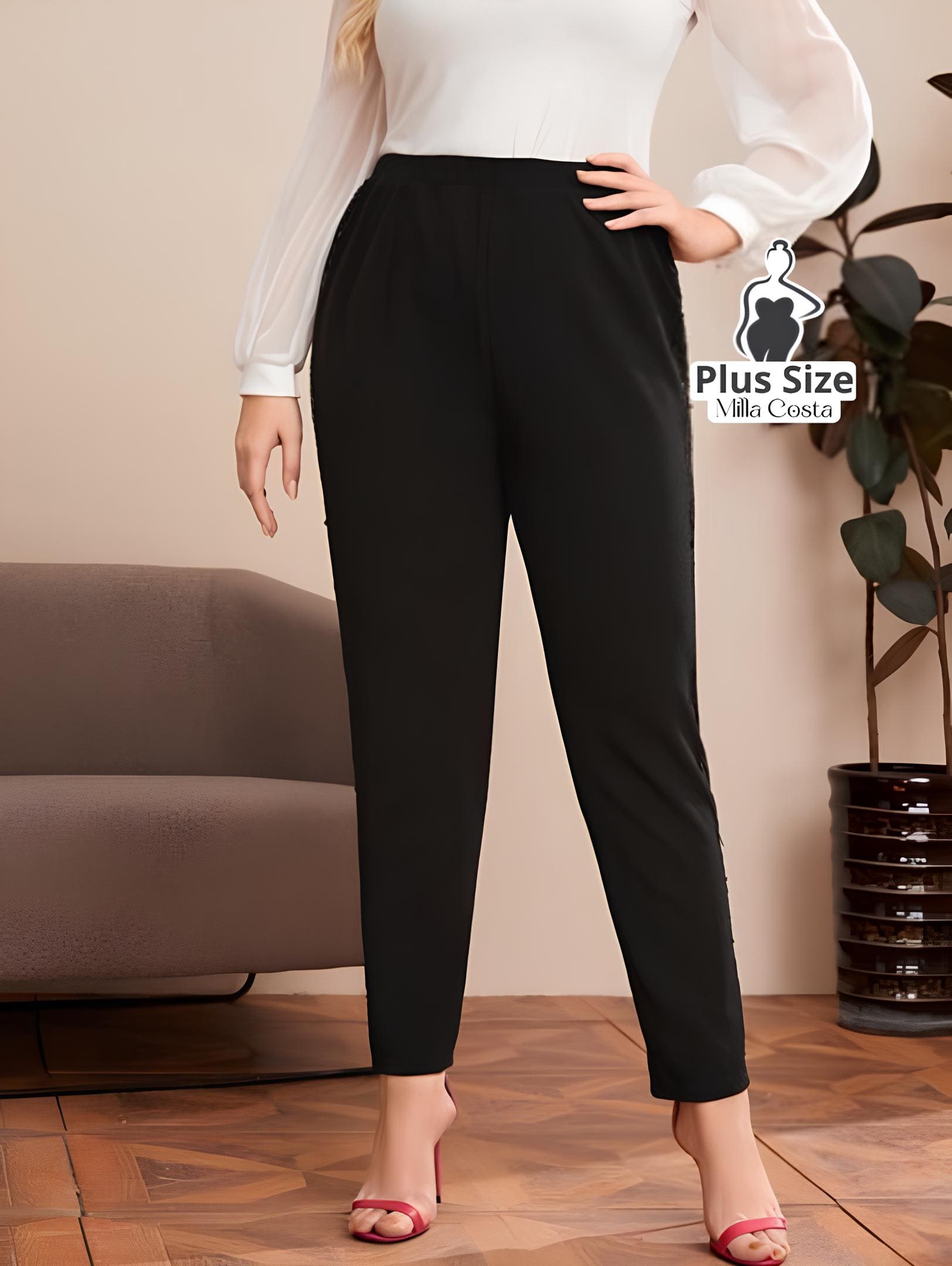 Calça Social Com Detalhe de Lantejoulas Nas Laterais Plus Size