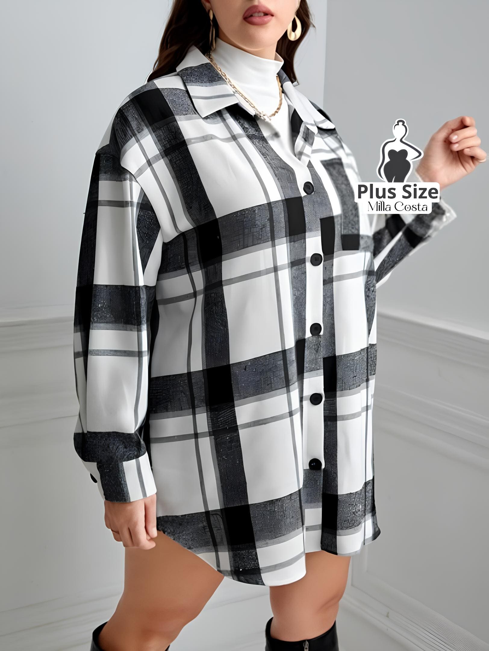 Camisa Oversized Xadrez Com Bolsos Plus Size