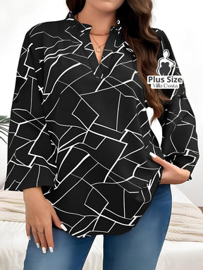 Blusa Geométrica e Decote V Plus Size