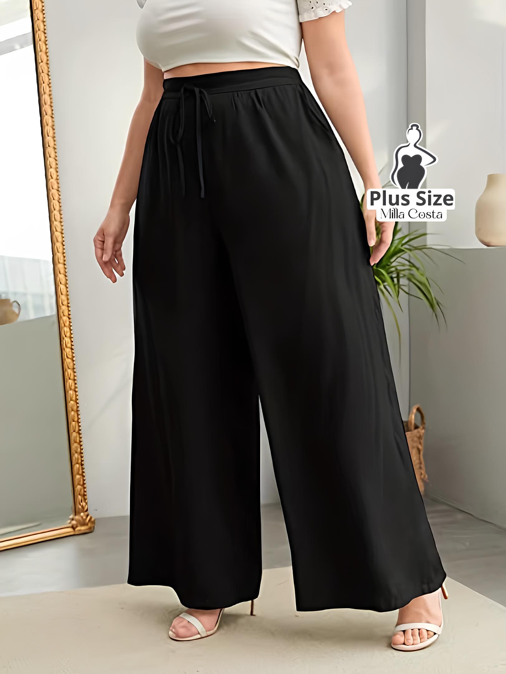 Calça Pantalona Com Amarração Confortável Plus Size