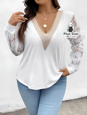 Blusa Com Decote Em V e Mangas Rendadas Plus Size