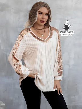 Blusa de Tricô com Paetês nas Mangas e Decote V Elegante Plus Size