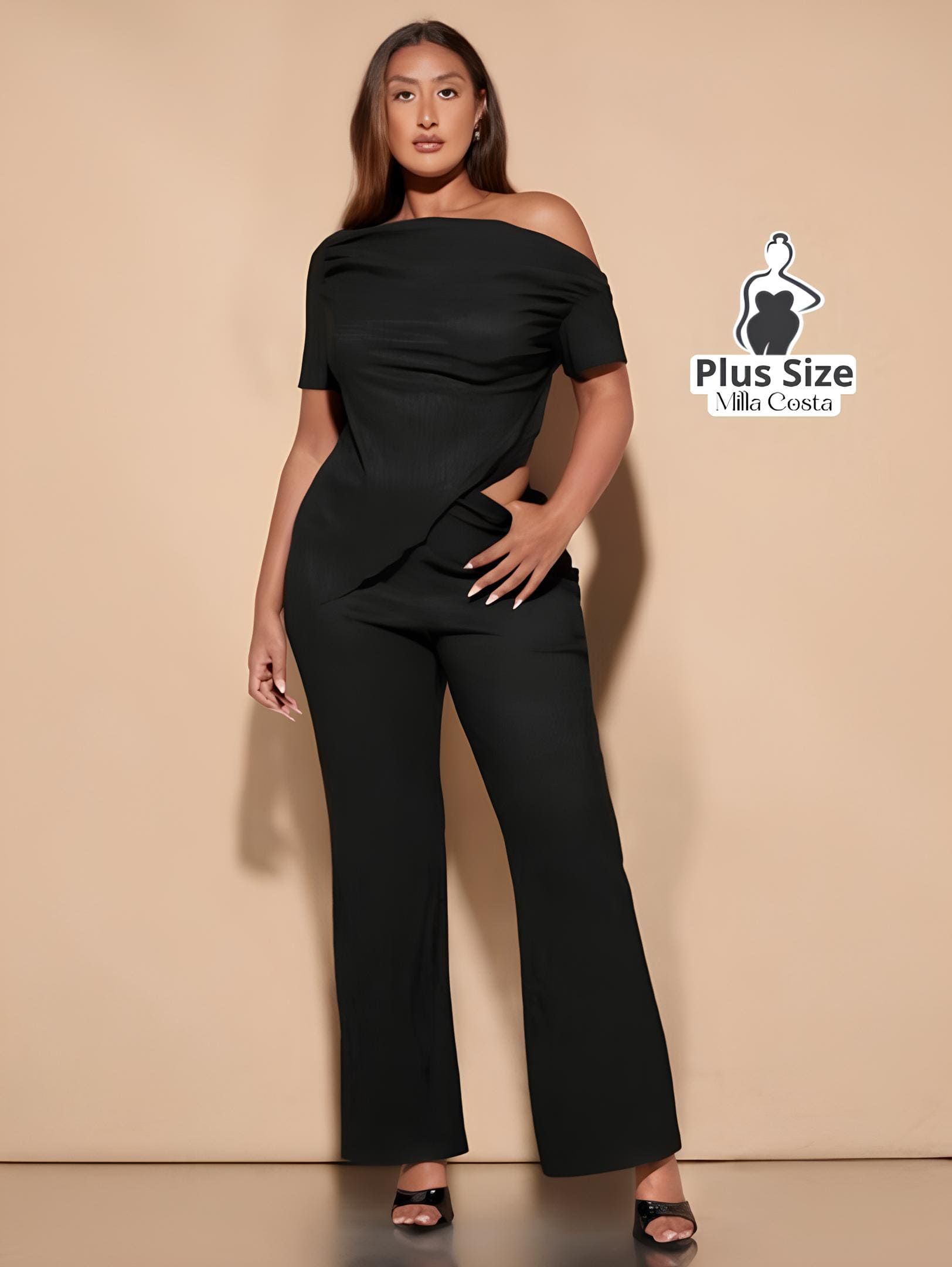 Conjunto de Festa Elegante com Ombro Assimétrico Plus Size