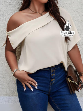 Blusa Ombro Caído Com Detalhe de Botão Plus Size