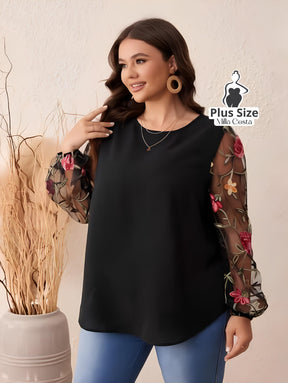 Blusa Com Mangas Florais Em Tule Bordado Plus Size