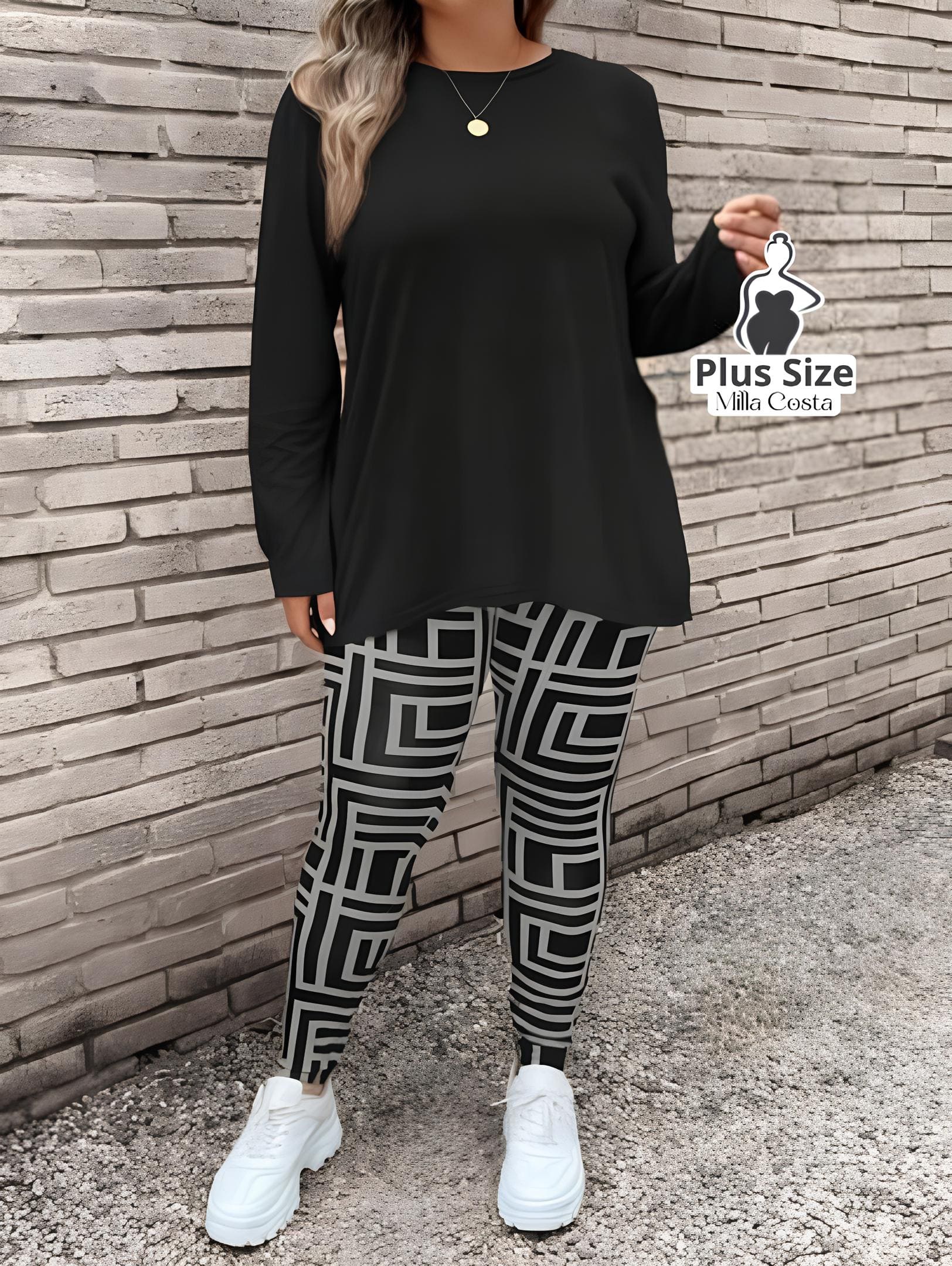 Conjunto de Blusa Longa e Legging Estampada Geométrica Plus Size