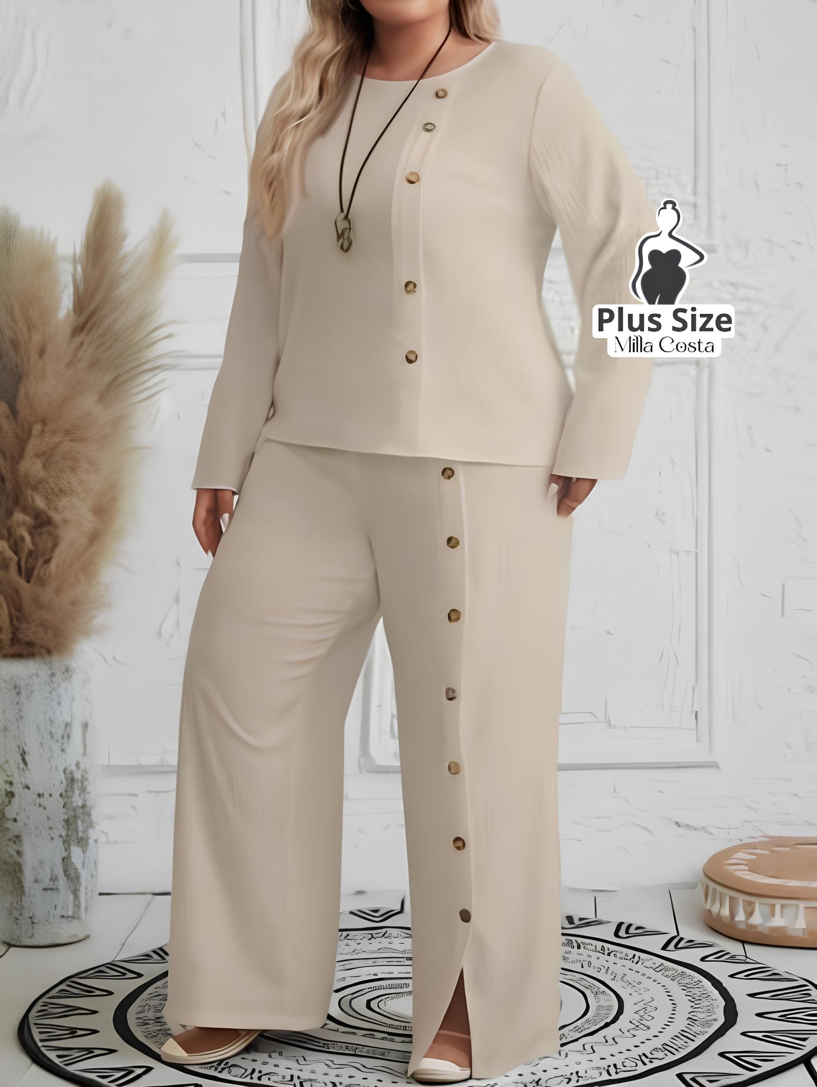 Conjunto Feminino de Blusa e Calça Com Detalhes de Botões Plus Size