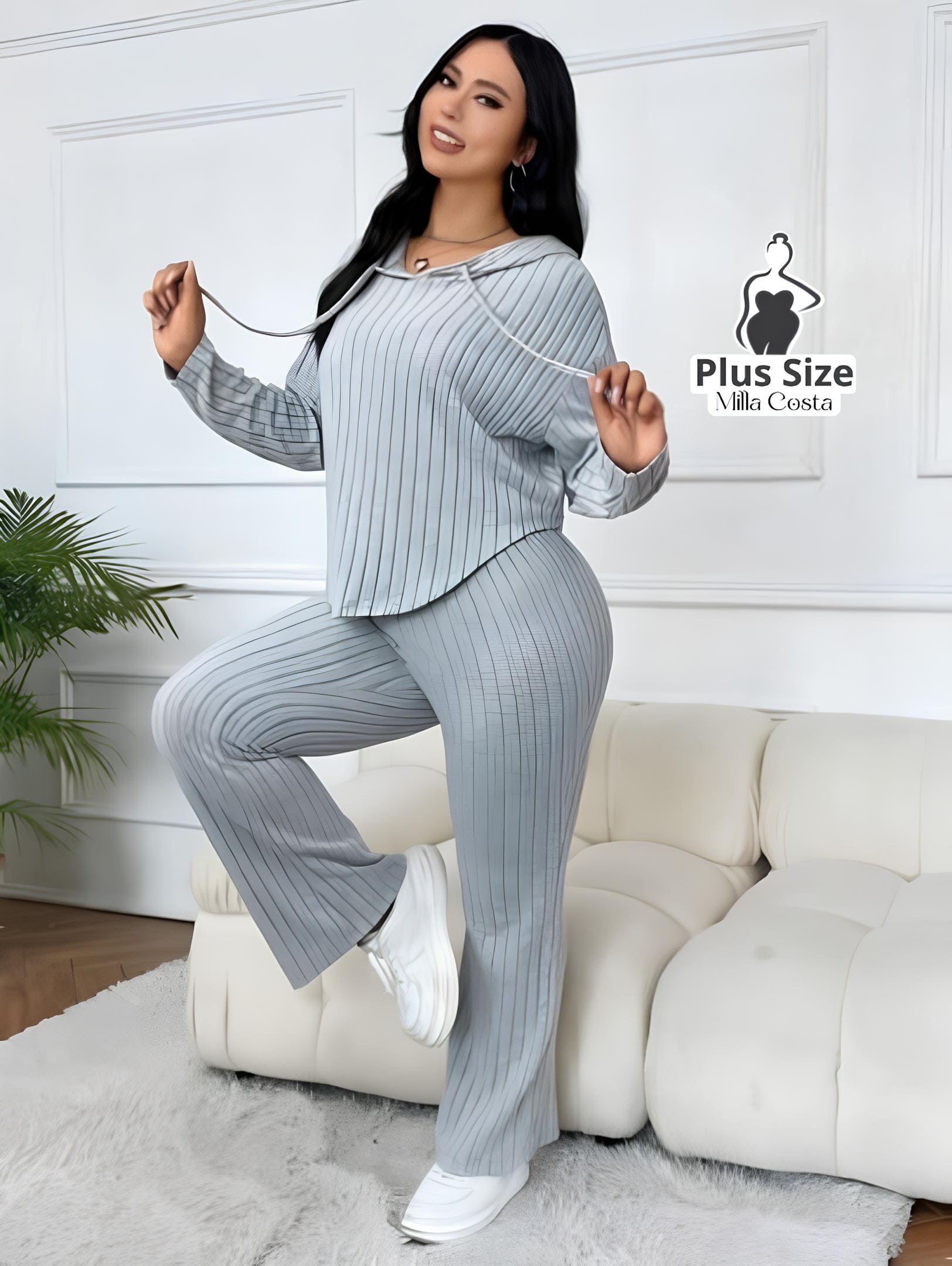 Conjunto de Loungewear Canelado Com Blusa de Capuz e Calça Plus Size