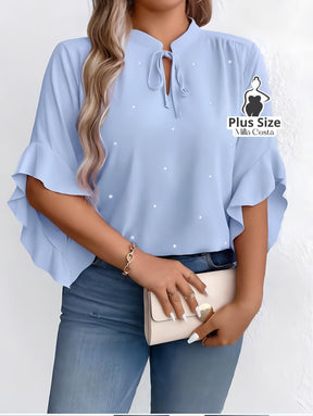 Blusa com Detalhe de Pérolas e Mangas Com Babados Plus Size