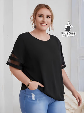 Blusa Básica Com Detalhe De Transparência Nas Mangas Plus Size