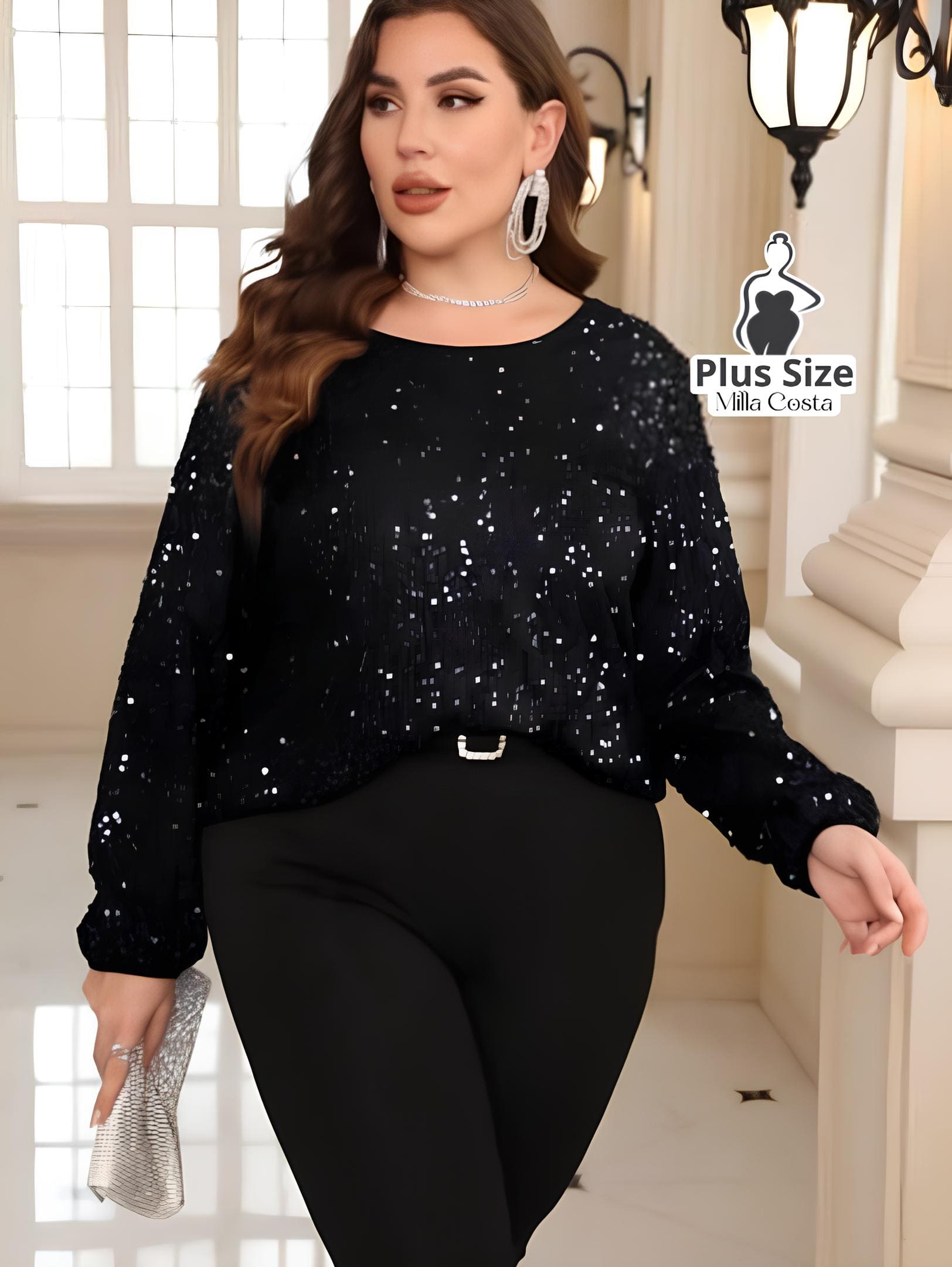 Blusa de Paetês Com Mangas Longas Elegante Plus Size