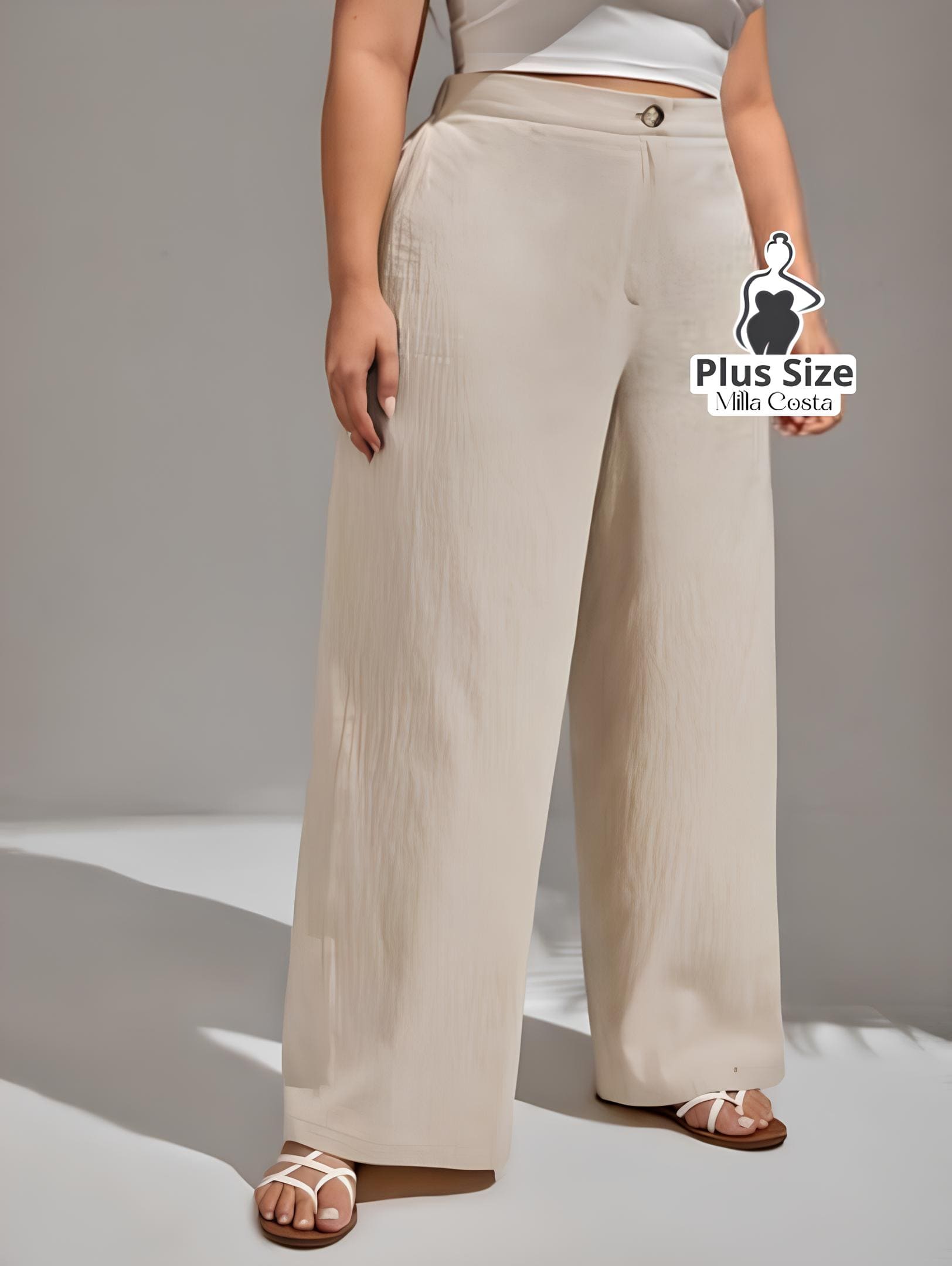 Calça Pantalona de Linho Com Fechamento Frontal Plus Size