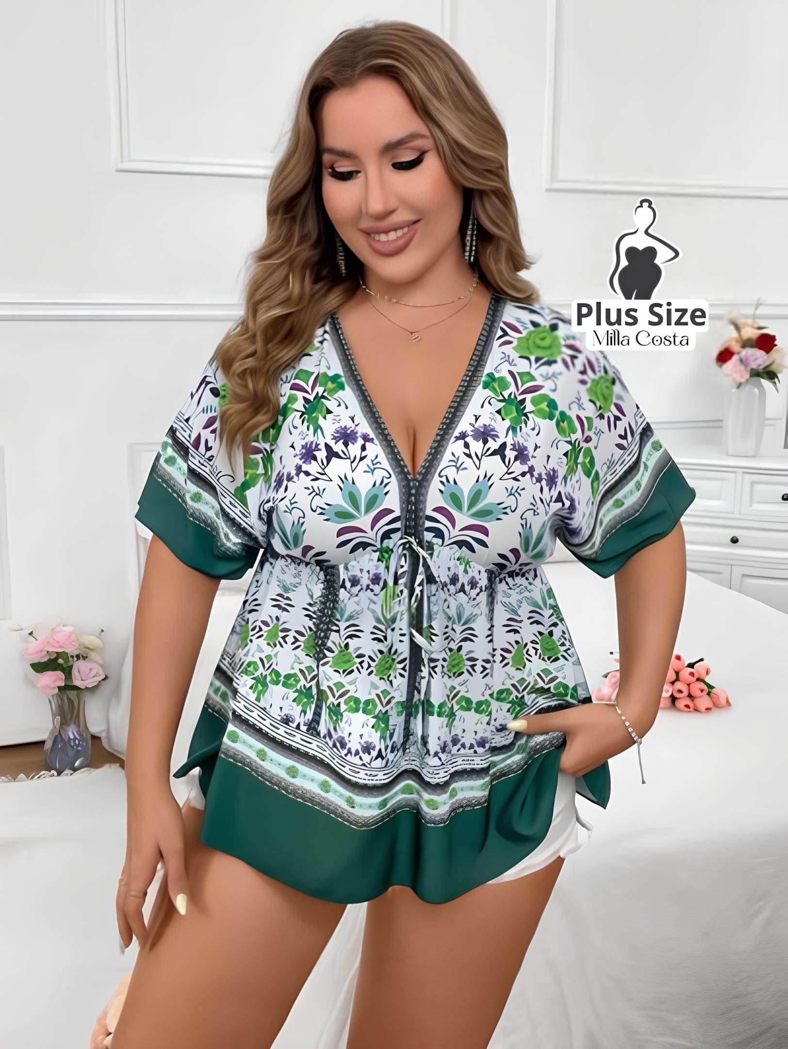 Blusa Estampada Floral Com Ajuste na Cintura Plus Size