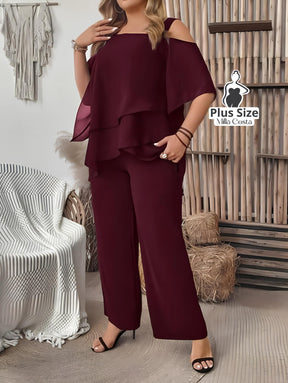 Conjunto Feminino de Blusa com Camadas e Calça Pantalona Plus Size