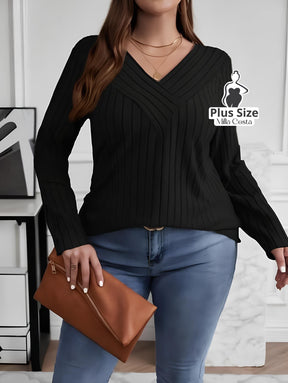 Blusa de Tricô Com Decote V e Detalhe Em Linhas Plus Size