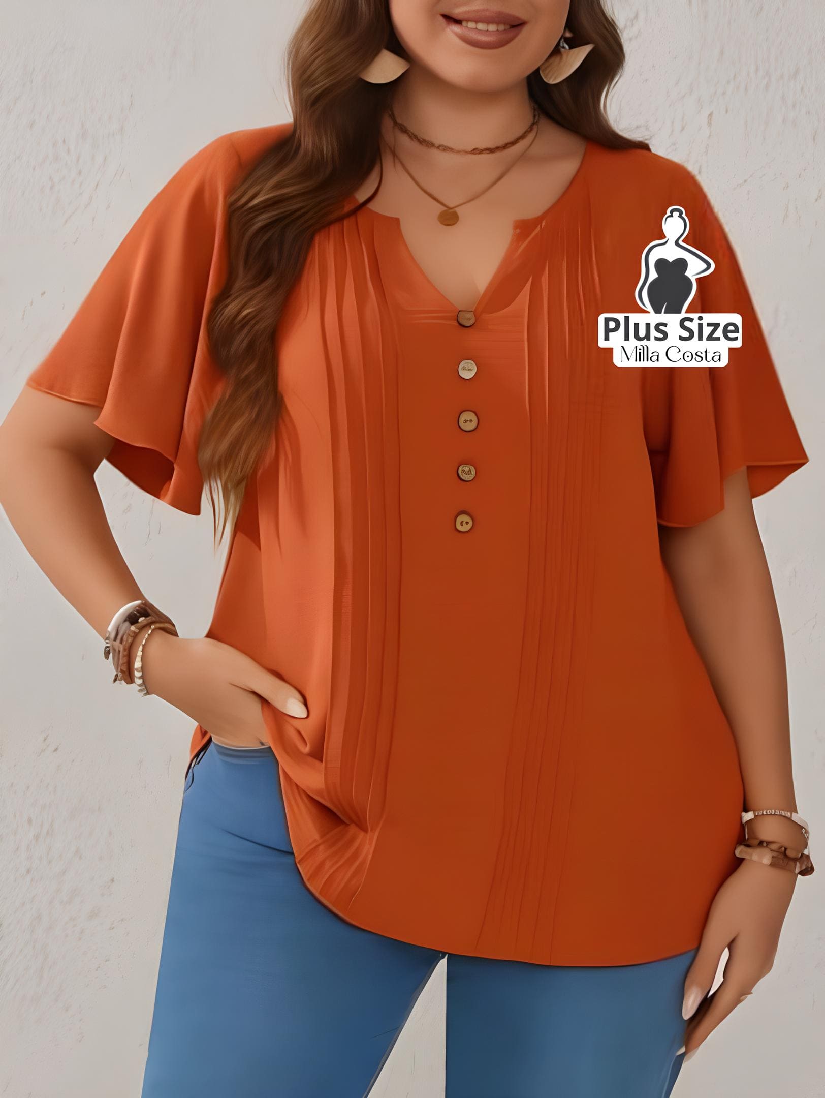 Blusa Com Botões Decorativos E Detalhes De Pregas Plus Size