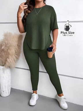 Conjunto Canelado com Blusa Solta e Legging Justa Plus Size