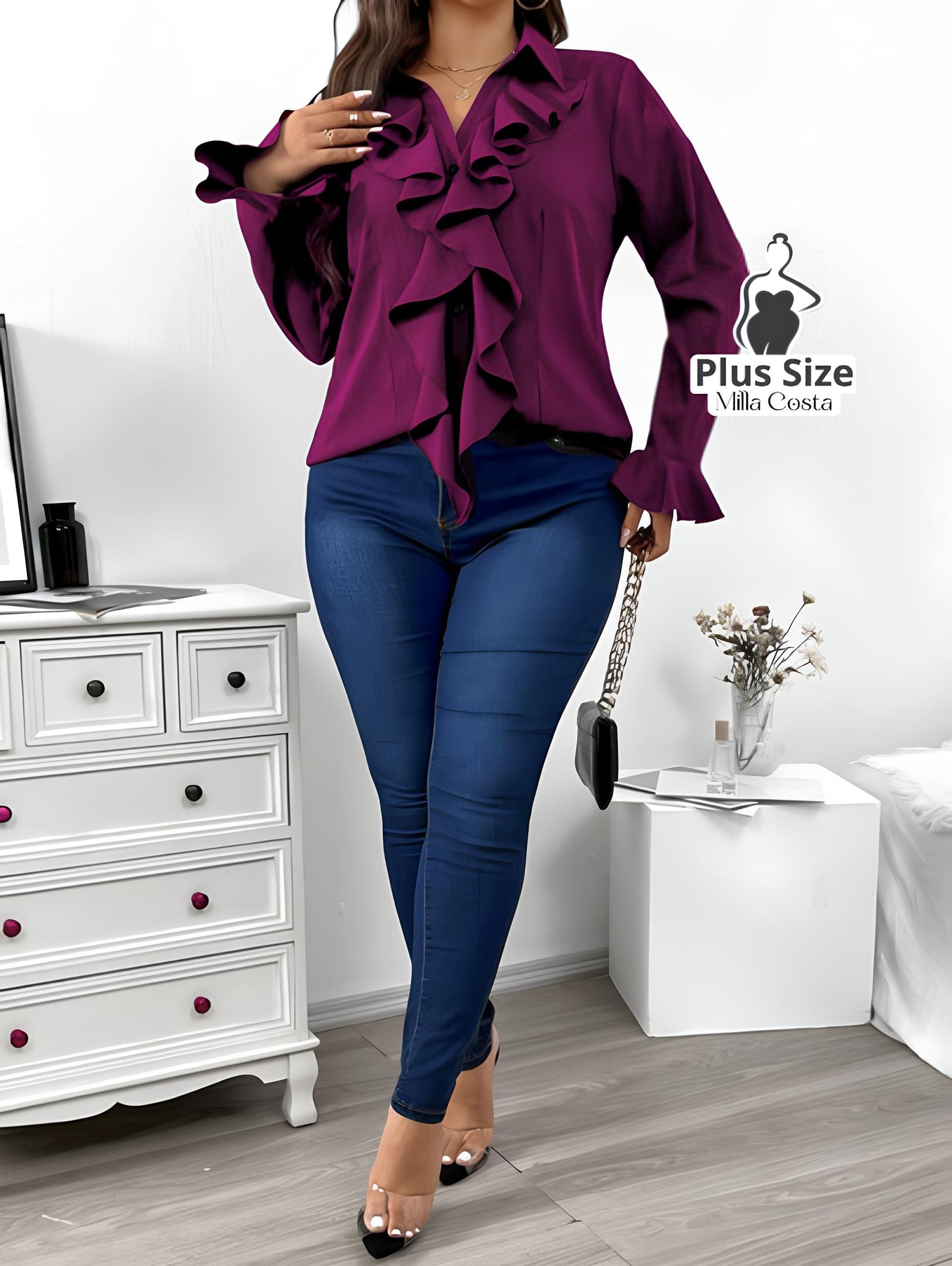 Blusa Com Babados e Design Sofisticado Plus Size